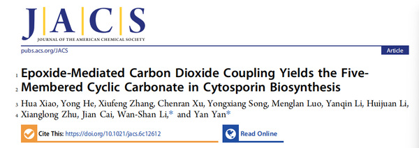 我院黎婉珊老师合作成果《发现天然非酶促 CO₂偶联新机制，为有机碳酸酯绿色合成提供新思路》发表在Journal of the American Chemical Society（IF 16.6）