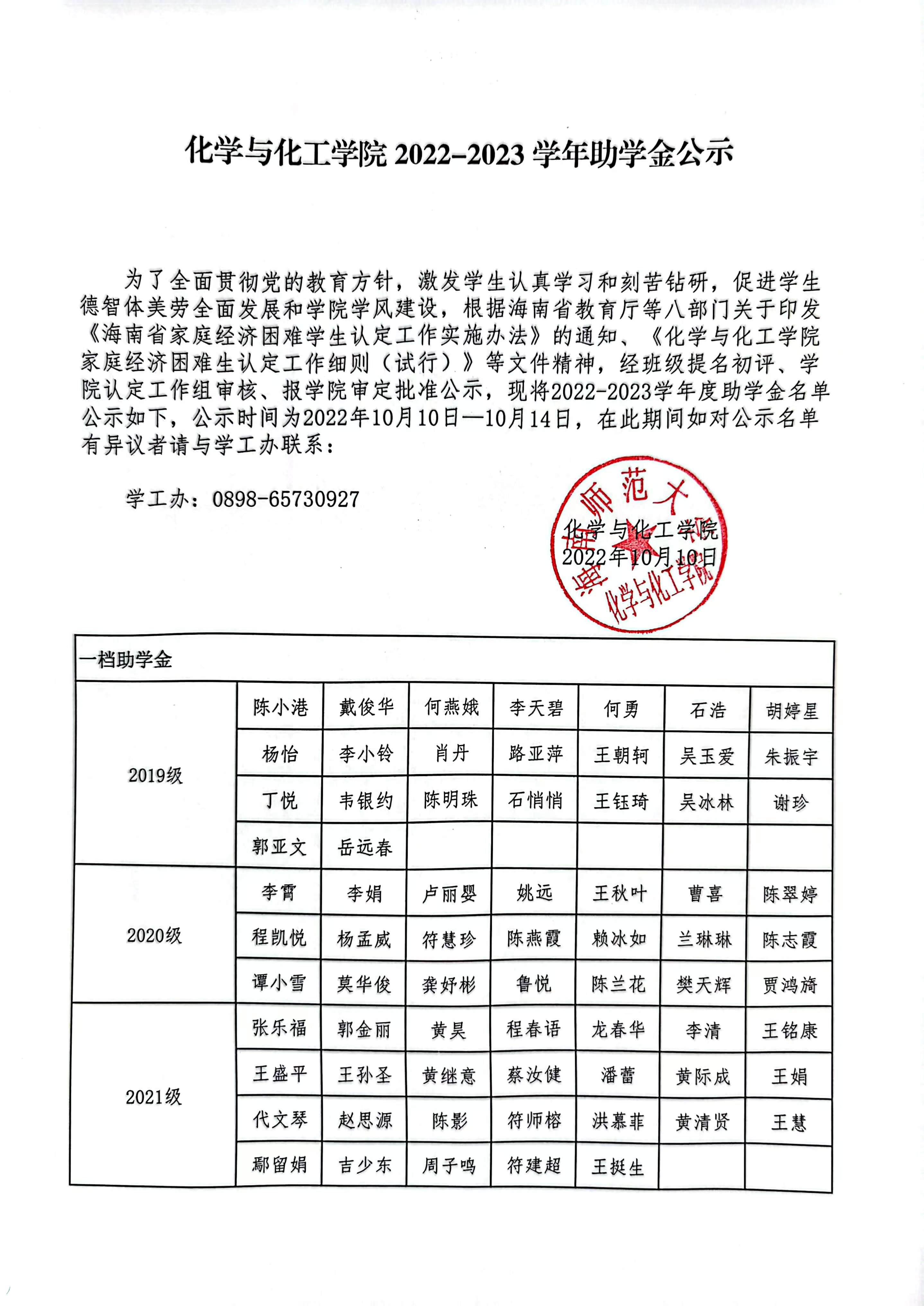 化学与化工学院2022-2023学年本科生国家助学金公示